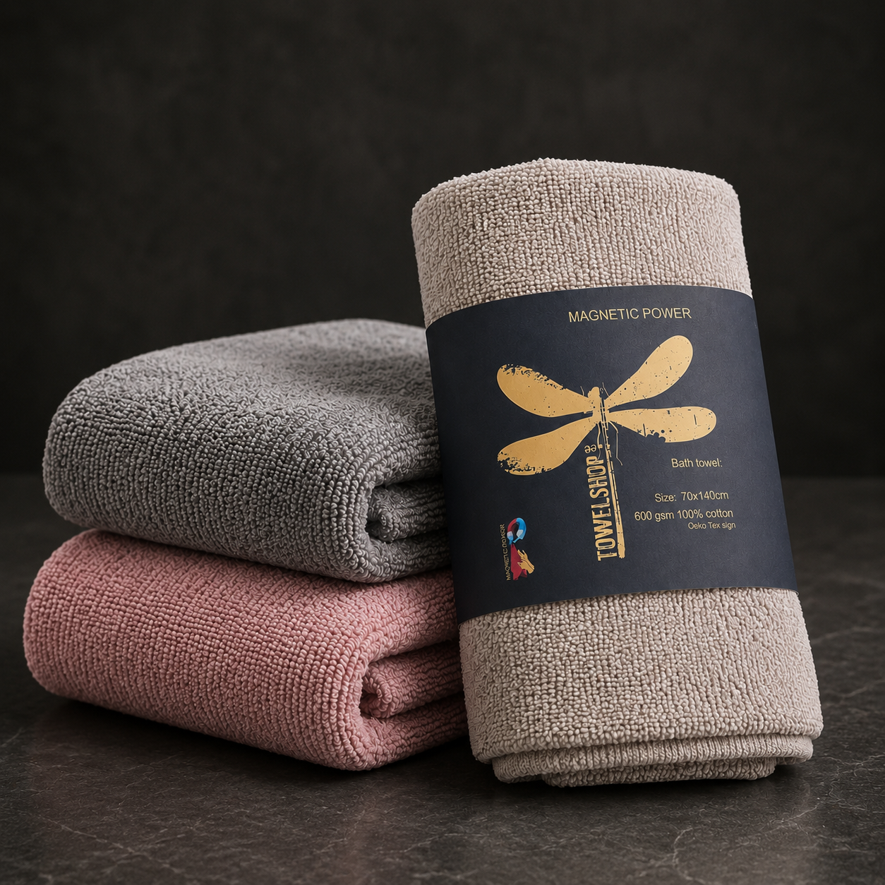 Premium Thick bath towels with a built-in magnet.