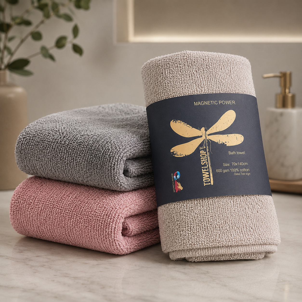 Premium Thick bath towels with a built-in magnet.