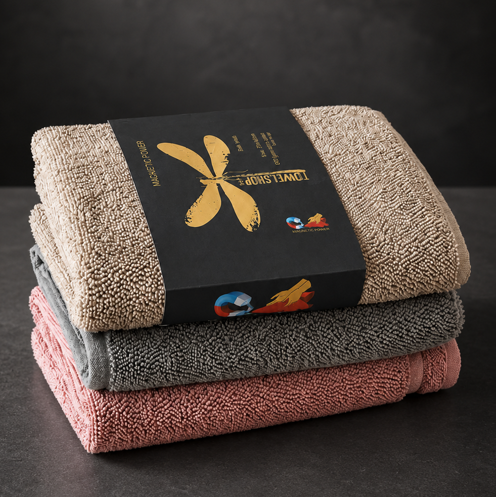Premium Thick bath towels with a built-in magnet.