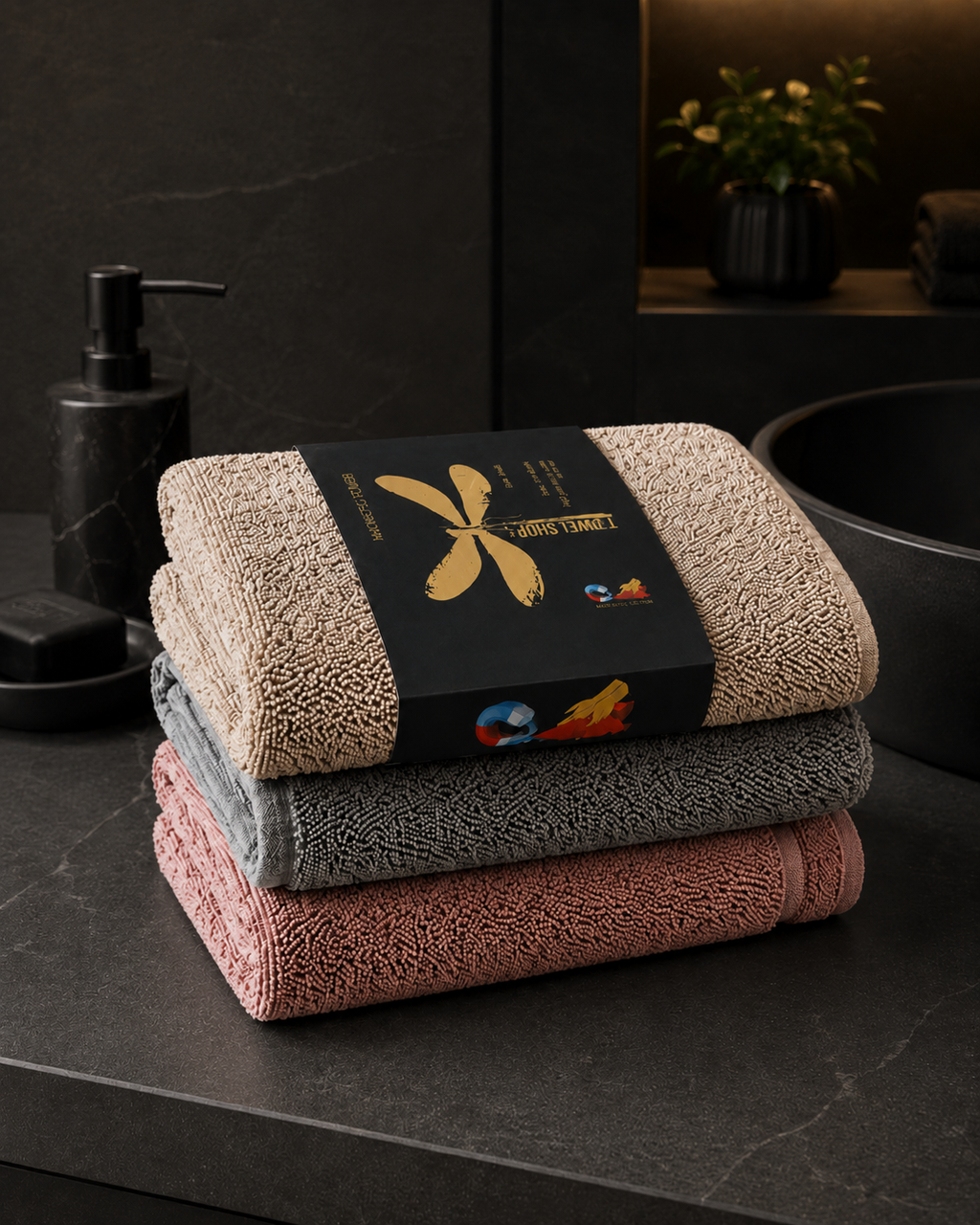 Premium thick bath towels with a built-in magnet.